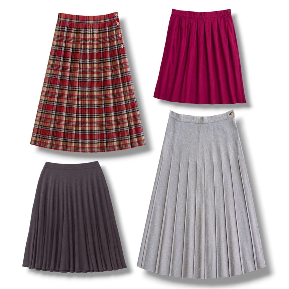 Vintage pleated 4 skirt bundle XS/S wool midi maxi skirts plaid burgundy gray